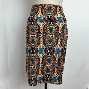 LuLaRoe Cassie Pencil Skirt Small Paisley Medallion Blue Gold Boho Stretchy